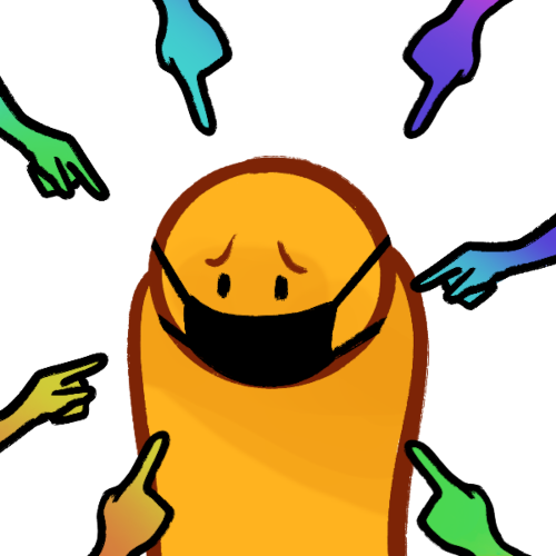 a figure wearing a black mask with their shoulders hunched and eyebrows raised in distress. They are surrounded by hands pointing at them, the hands have a multicoloured gradient to indicate that they represent a delusion.